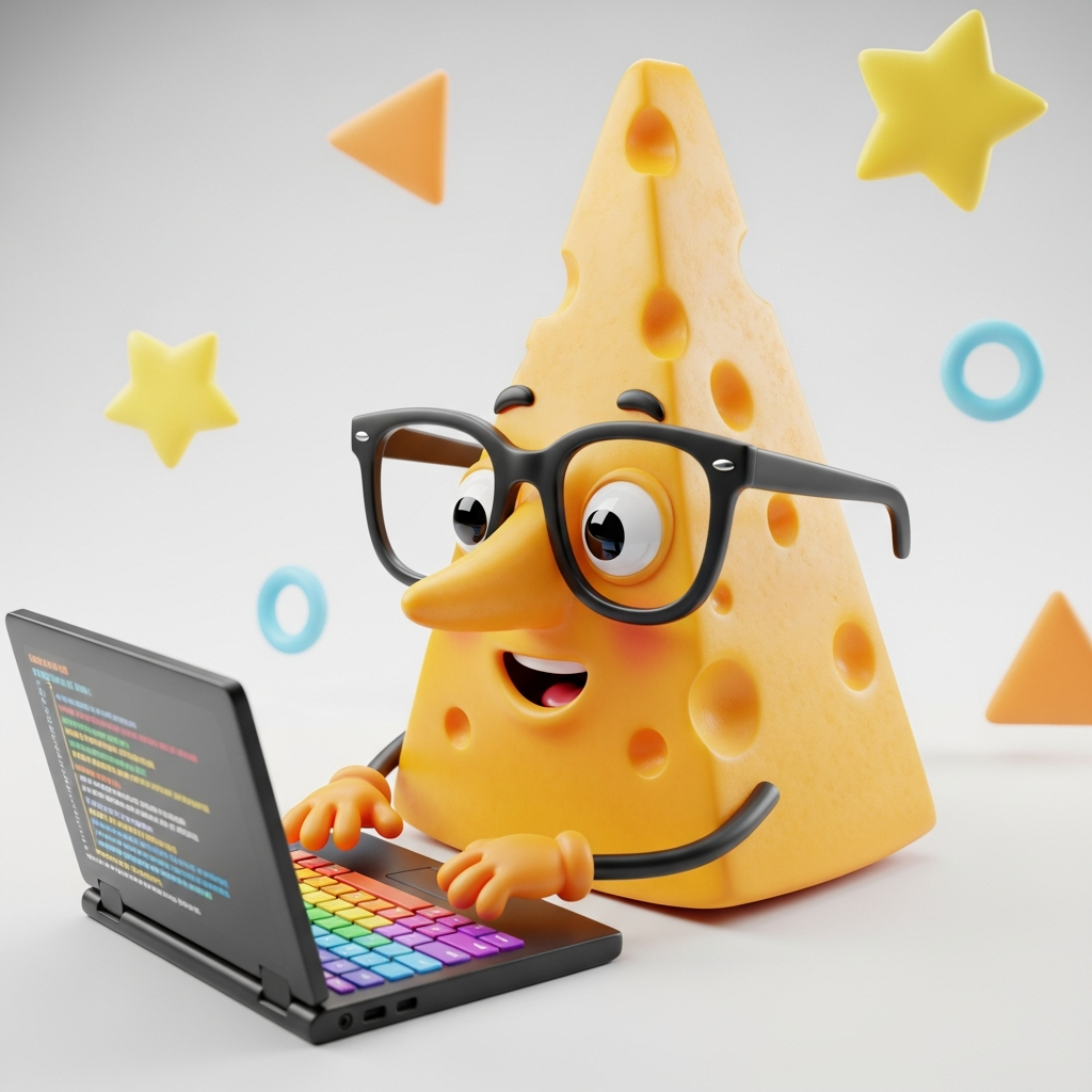 CHEESY Education mascot - a smiling cheese character using a laptop